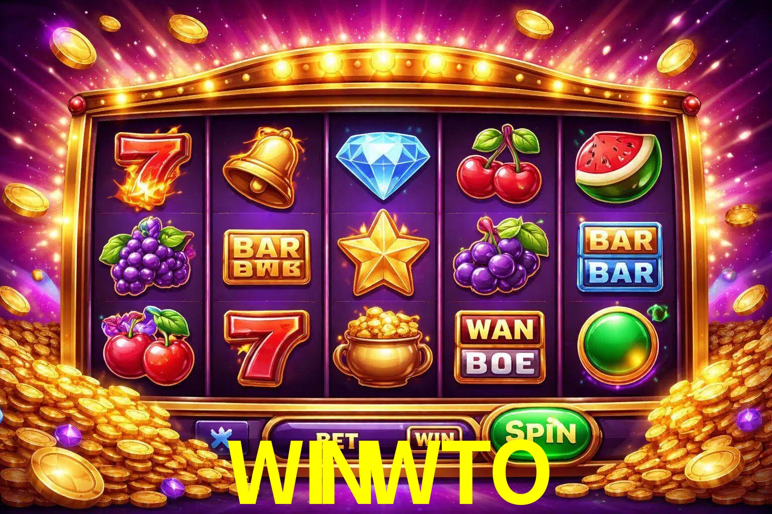 Una interfaz colorida de tragamonedas en línea con símbolos brillantes, monedas y un efecto de victoria celebratoria en WINWTO.